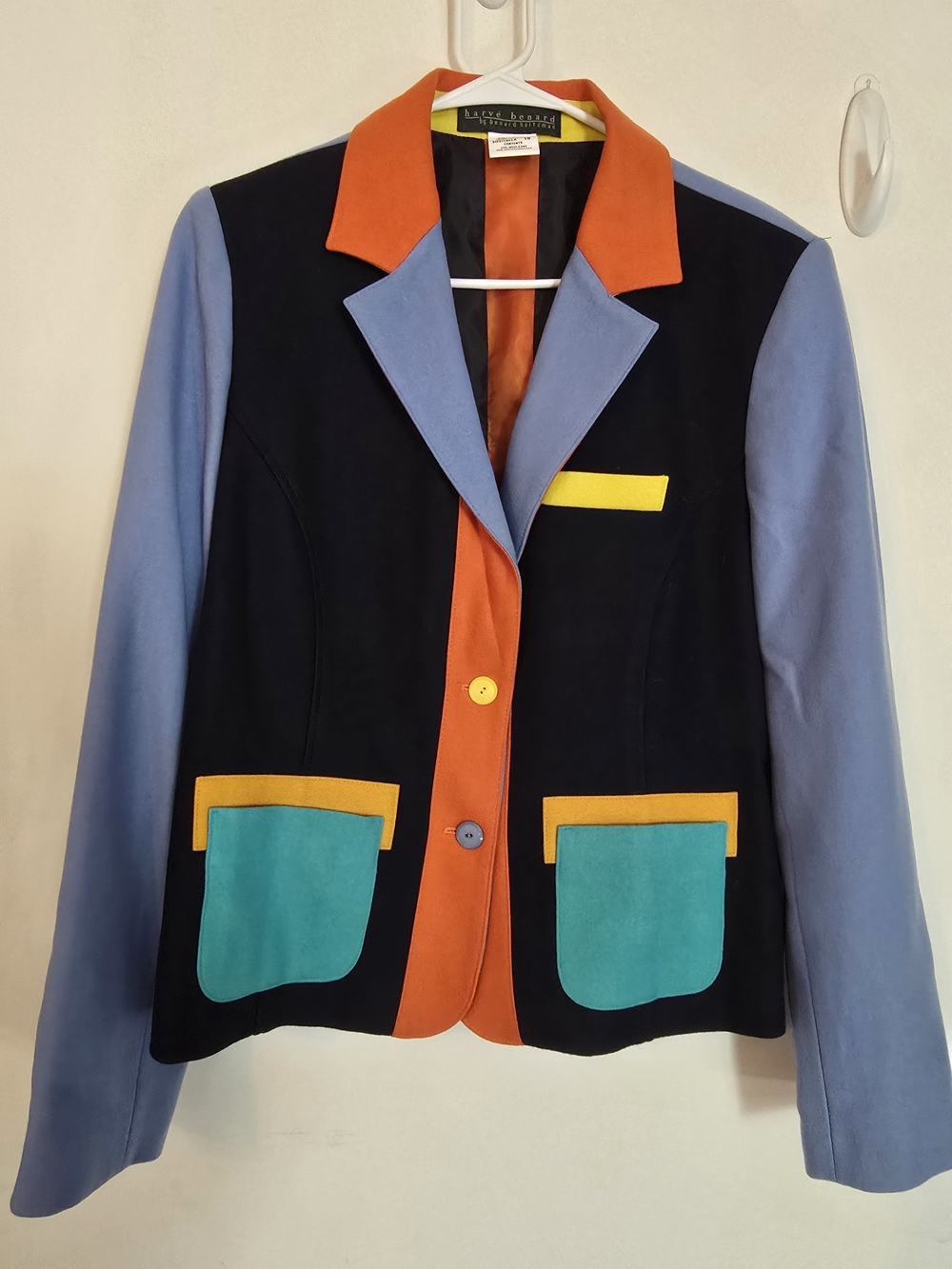 Vintage - Harvé Benard Women's Blazer Jacket in Navy/Black, Blue & Orange
